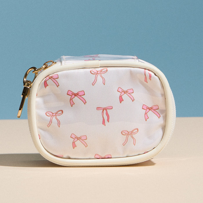 Pink Bow Mini Cosmetic Pouch with Clip – Quilted Zip Travel Coin & Bag Charm