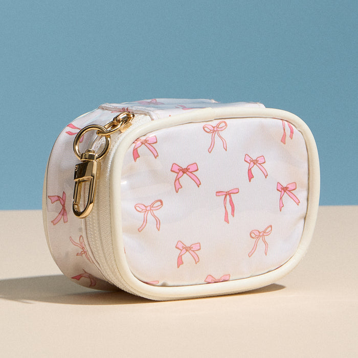 Pink Bow Mini Cosmetic Pouch with Clip – Quilted Zip Travel Coin & Bag Charm