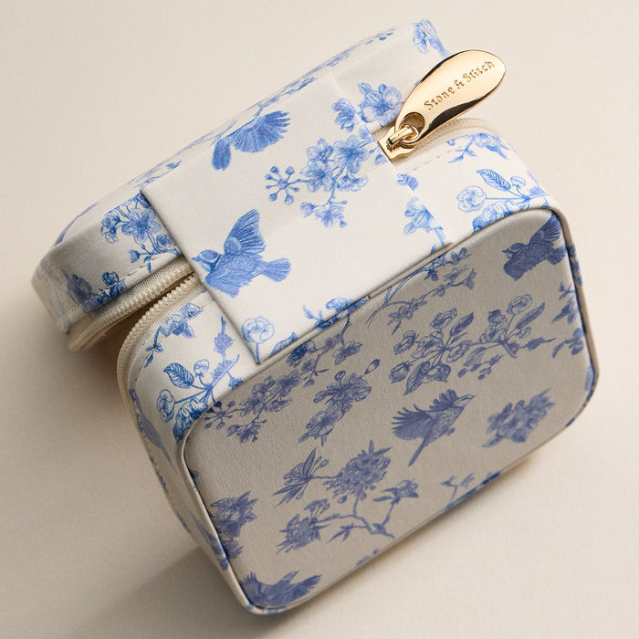 Blue Floral & bird Print Travel Jewelry Box – Compact Organizer with Mirror & Ring Slots