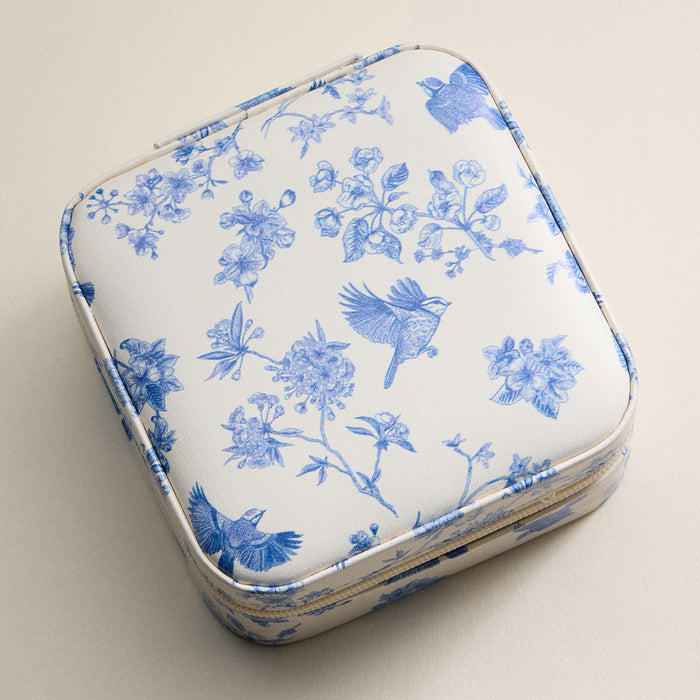 Blue Floral & bird Print Travel Jewelry Box – Compact Organizer with Mirror & Ring Slots
