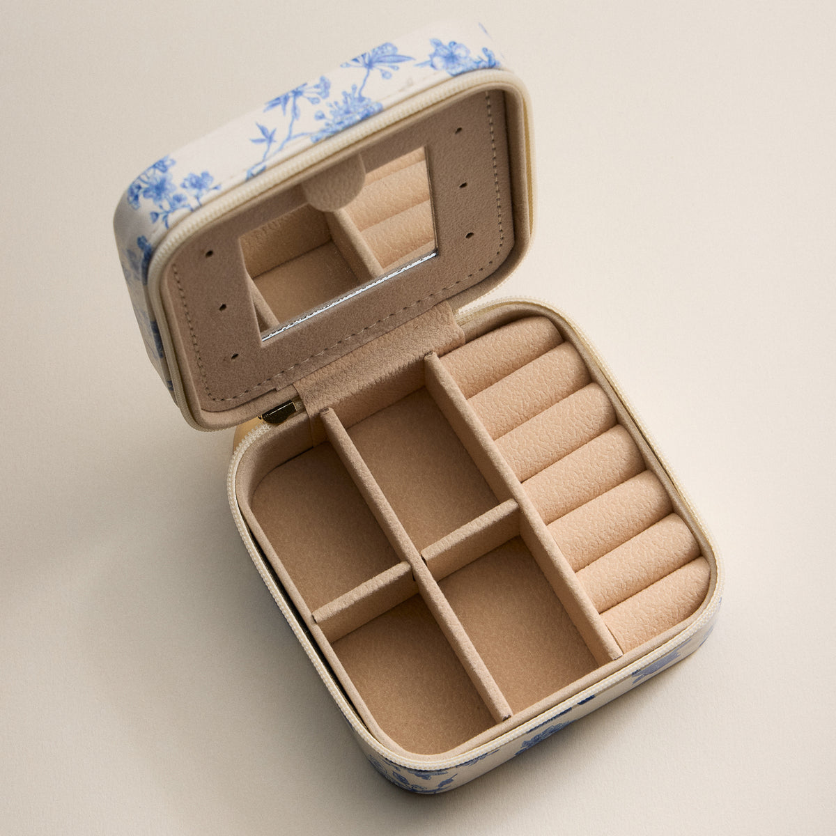 Blue Floral & bird Print Travel Jewelry Box – Compact Organizer with Mirror & Ring Slots