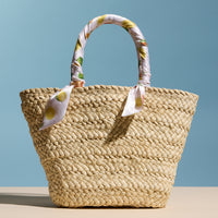 Raffia Mini Tote Bag with Lemon Scarf Handles – Summer Beach & Resort Handbag