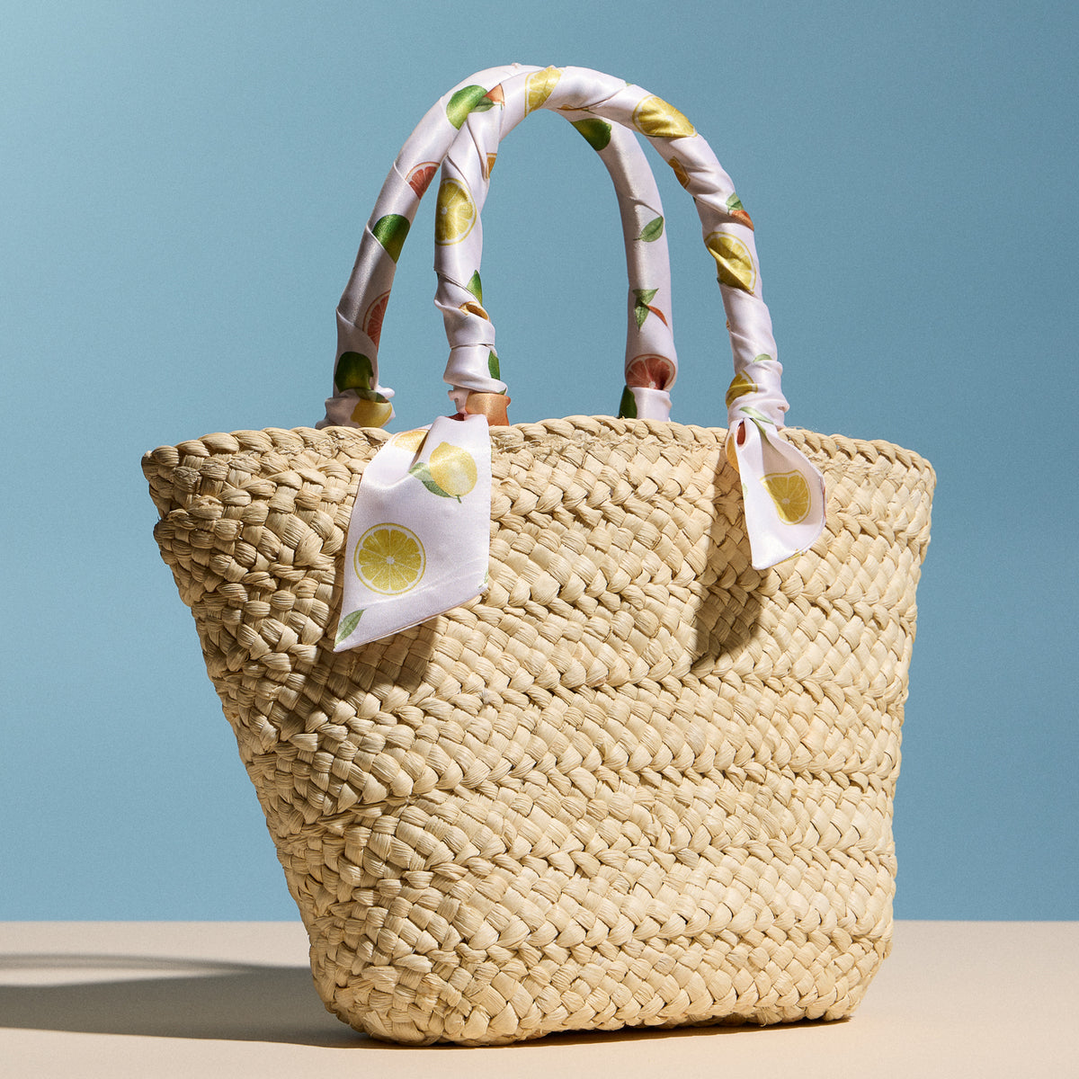 Raffia Mini Tote Bag with Lemon Scarf Handles – Summer Beach & Resort Handbag