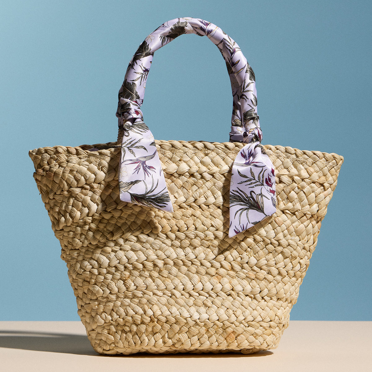 Raffia Mini Tote Bag with Floral Scarf Handles – Summer Beach & Resort Handbag
