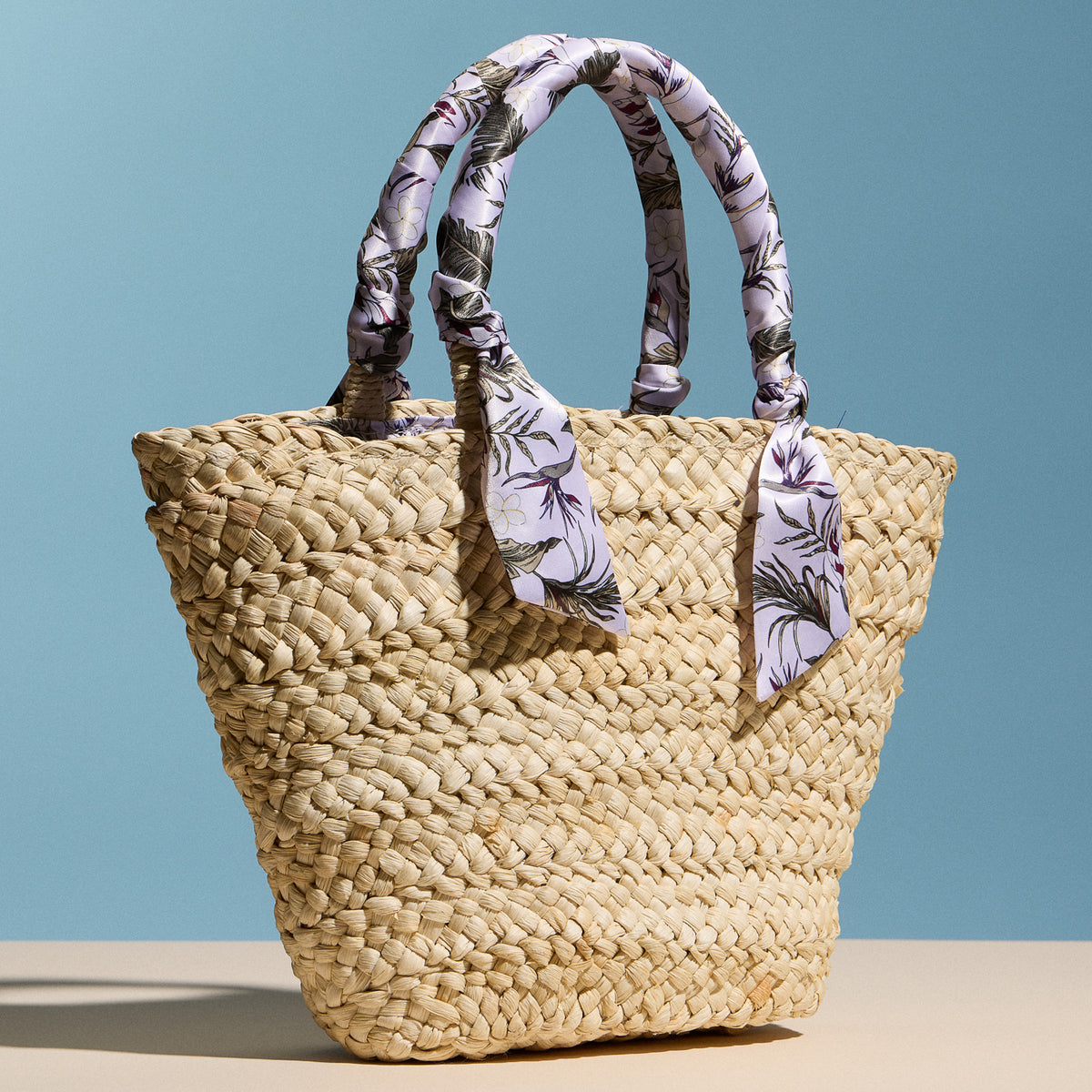 Raffia Mini Tote Bag with Floral Scarf Handles – Summer Beach & Resort Handbag