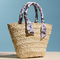 Raffia Mini Tote Bag with Floral Scarf Handles – Summer Beach & Resort Handbag