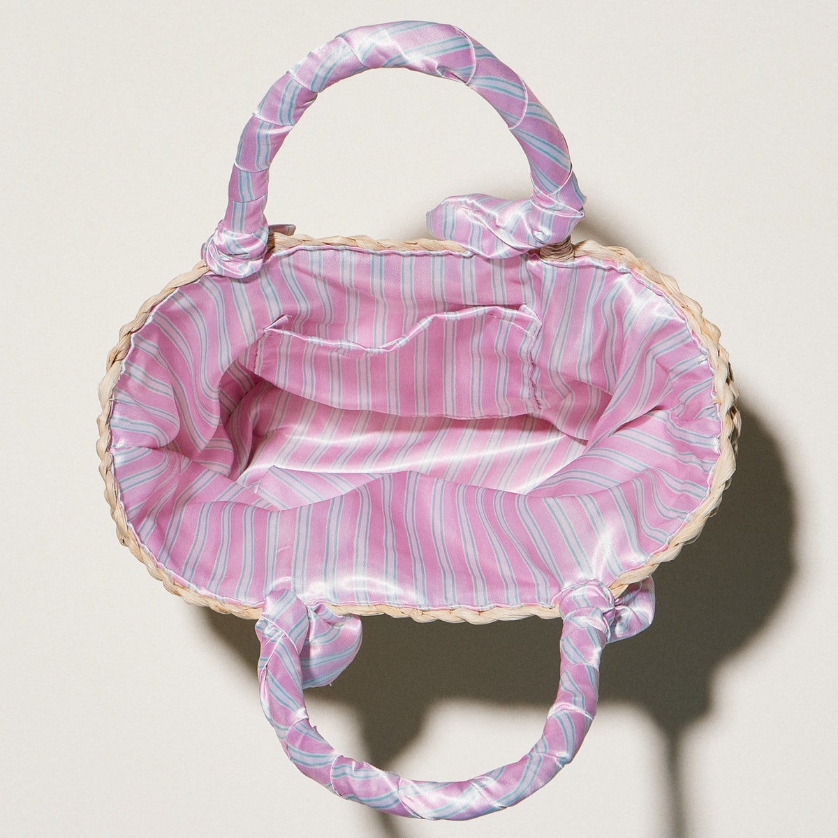Pink Stripe Raffia Bag with Scarf Handles – Woven Summer Beach & Everyday Handbag