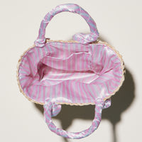Pink Stripe Raffia Bag with Scarf Handles – Woven Summer Beach & Everyday Handbag