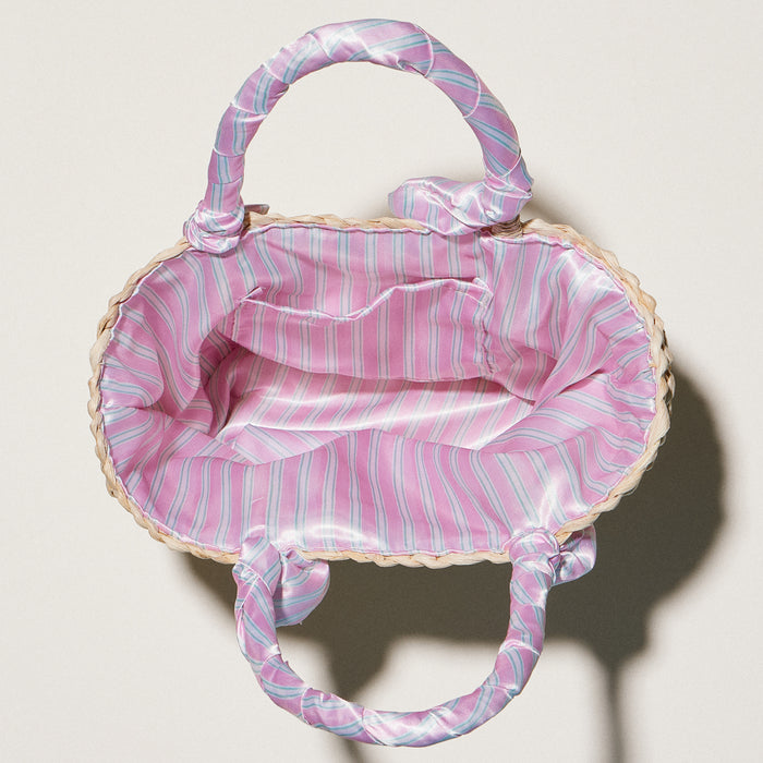 Pink Stripe Raffia Bag with Scarf Handles – Woven Summer Beach & Everyday Handbag