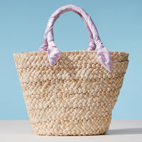 Pink Stripe Raffia Bag with Scarf Handles – Woven Summer Beach & Everyday Handbag