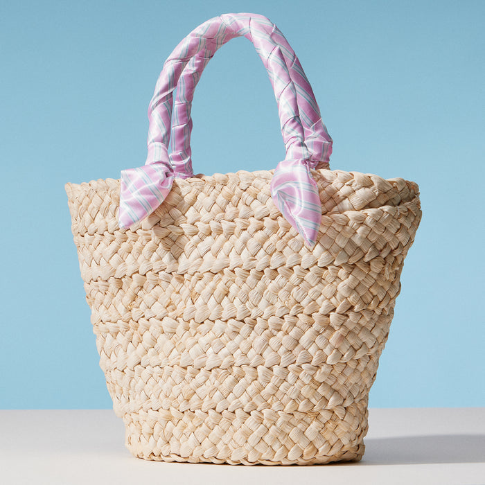 Pink Stripe Raffia Bag with Scarf Handles – Woven Summer Beach & Everyday Handbag