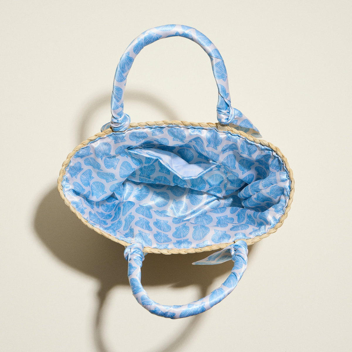 Blue Shell Raffia Bag with Scarf Handles – Woven Summer Beach & Everyday Handbag