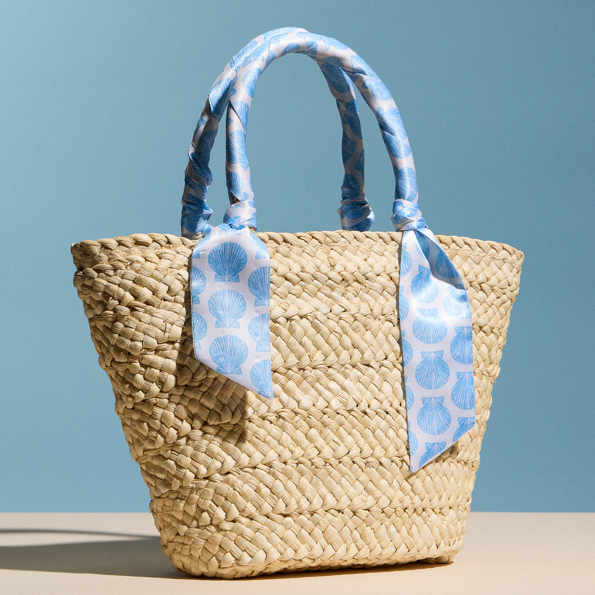 Blue Shell Raffia Bag with Scarf Handles – Woven Summer Beach & Everyday Handbag