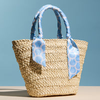 Blue Shell Raffia Bag with Scarf Handles – Woven Summer Beach & Everyday Handbag