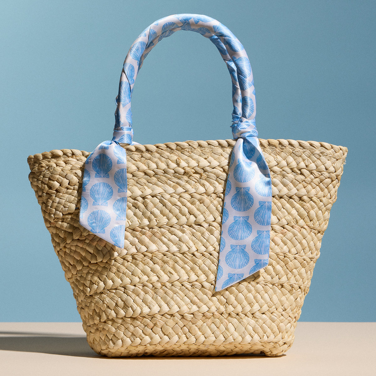Blue Shell Raffia Bag with Scarf Handles – Woven Summer Beach & Everyday Handbag