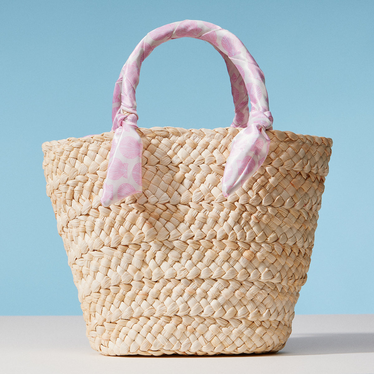 Blue Shell Raffia Bag with Scarf Handles – Woven Summer Beach & Everyday Handbag