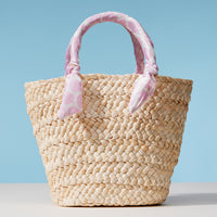 Blue Shell Raffia Bag with Scarf Handles – Woven Summer Beach & Everyday Handbag