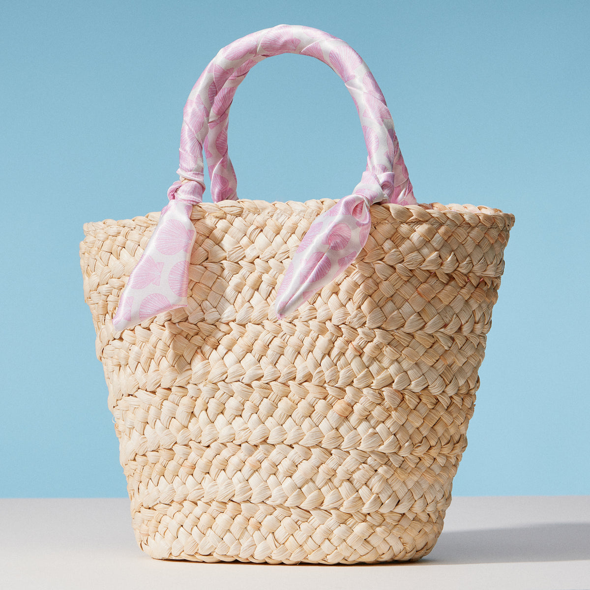 Blue Shell Raffia Bag with Scarf Handles – Woven Summer Beach & Everyday Handbag