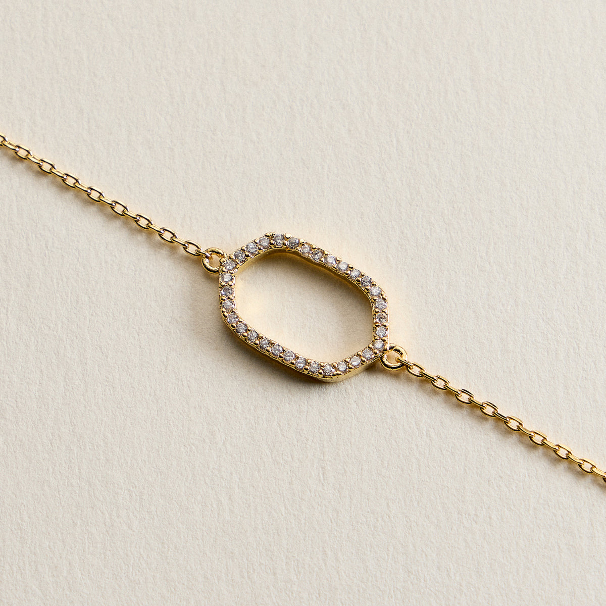 14K Gold Plated Oval Link Crystal Bracelet – Minimalist Pavé Open Frame Chain Bracelet for Women