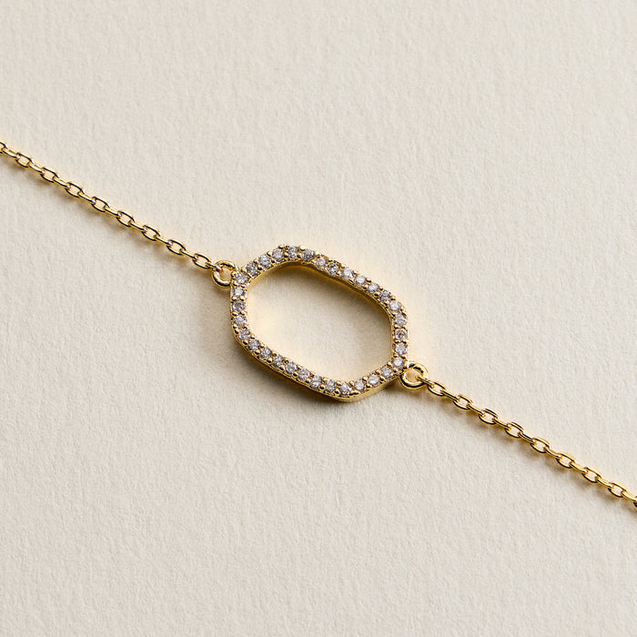 14K Gold Plated Oval Link Crystal Bracelet – Minimalist Pavé Open Frame Chain Bracelet for Women