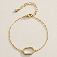 14K Gold Plated Oval Link Crystal Bracelet – Minimalist Pavé Open Frame Chain Bracelet for Women
