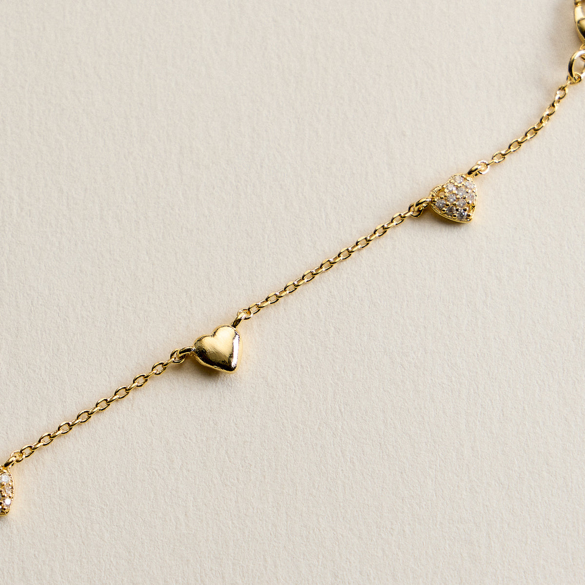 14K Gold Plated Heart Charm Bracelet with Pavé Crystal Accents – Delicate Dainty Love Chain Bracelet