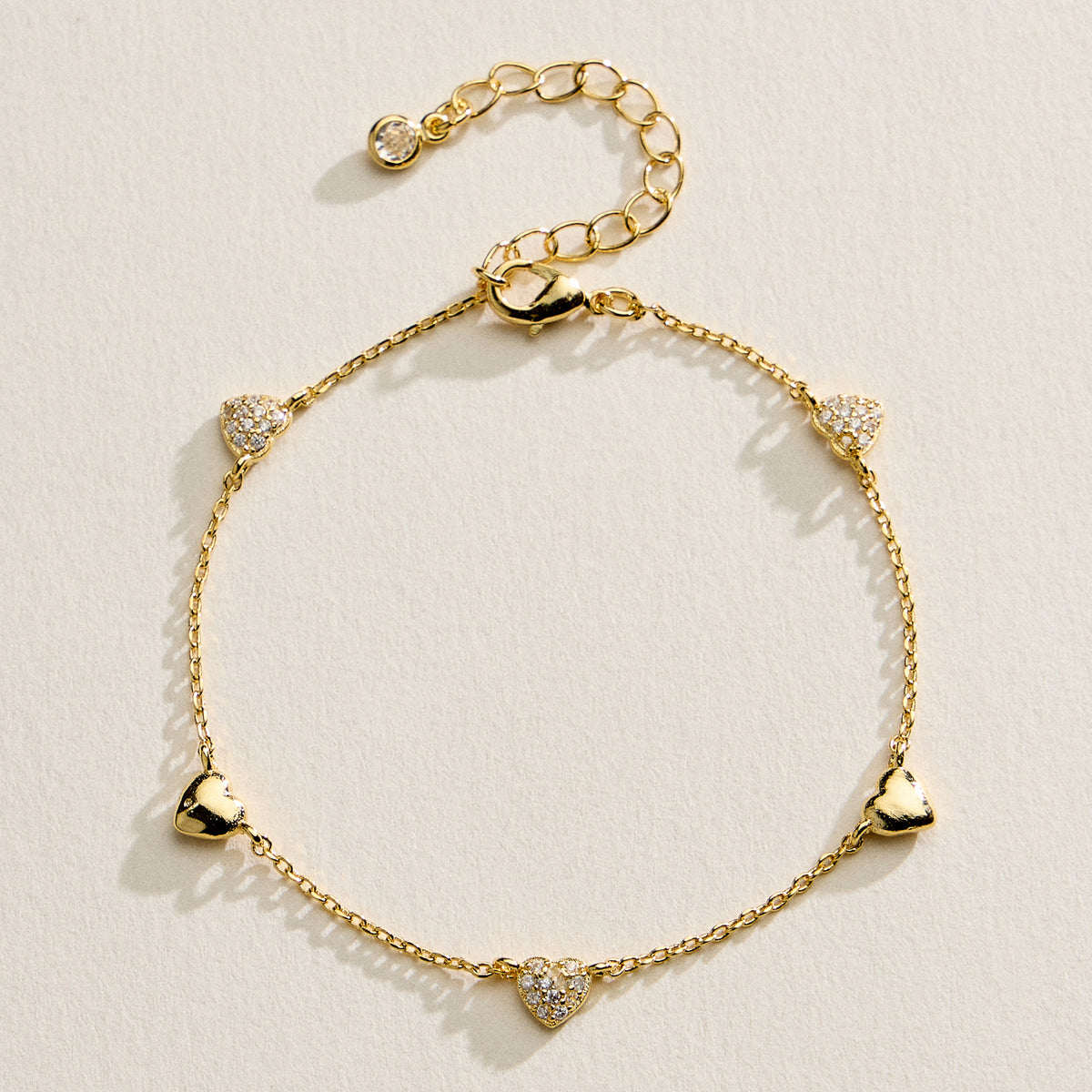 14K Gold Plated Heart Charm Bracelet with Pavé Crystal Accents – Delicate Dainty Love Chain Bracelet