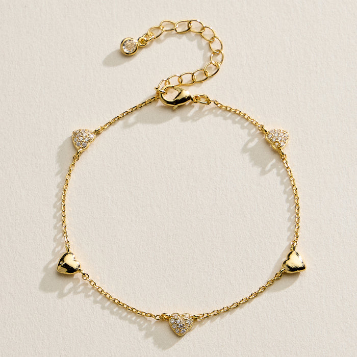 14K Gold Plated Heart Charm Bracelet with Pavé Crystal Accents – Delicate Dainty Love Chain Bracelet