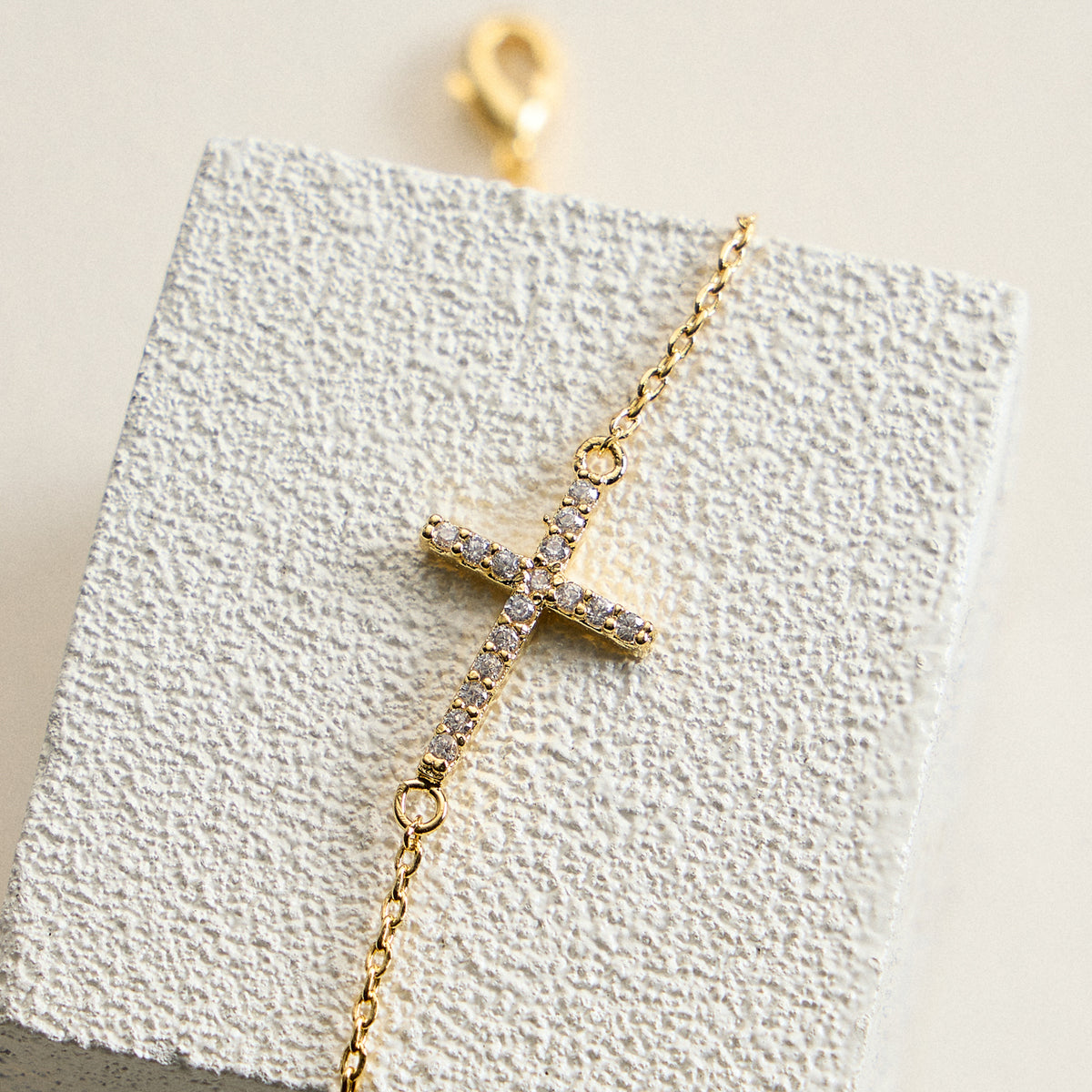 14K Gold Plated Pavé Cross Bracelet – Dainty Crystal Sideways Cross Chain Bracelet with Adjustable Extender