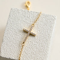 14K Gold Plated Pavé Cross Bracelet – Dainty Crystal Sideways Cross Chain Bracelet with Adjustable Extender