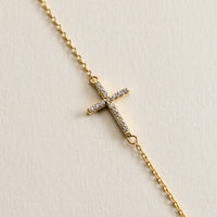 14K Gold Plated Pavé Cross Bracelet – Dainty Crystal Sideways Cross Chain Bracelet with Adjustable Extender