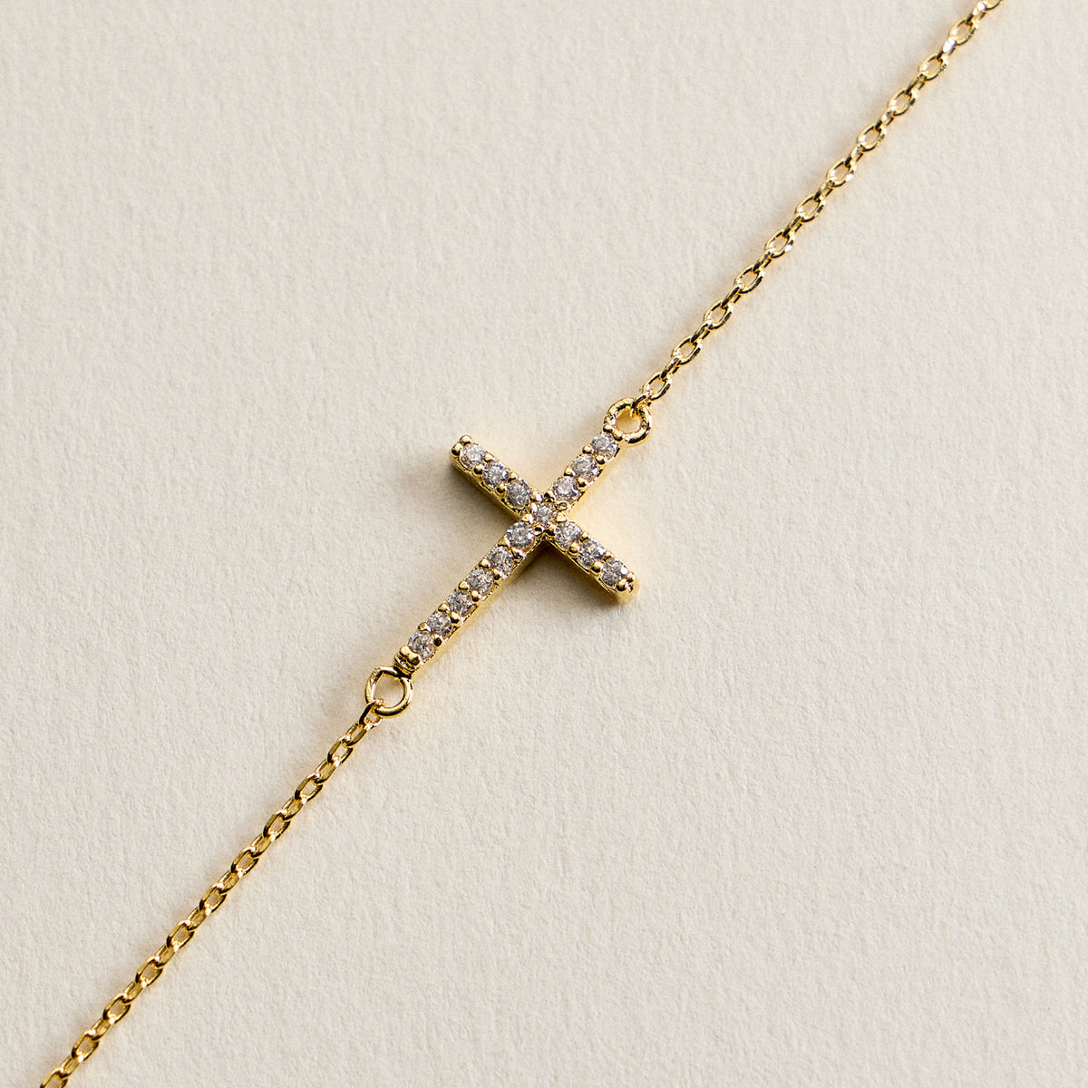 14K Gold Plated Pavé Cross Bracelet – Dainty Crystal Sideways Cross Chain Bracelet with Adjustable Extender