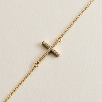 14K Gold Plated Pavé Cross Bracelet – Dainty Crystal Sideways Cross Chain Bracelet with Adjustable Extender