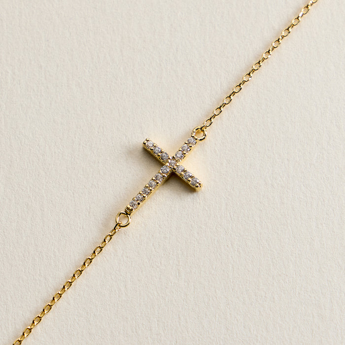 14K Gold Plated Pavé Cross Bracelet – Dainty Crystal Sideways Cross Chain Bracelet with Adjustable Extender