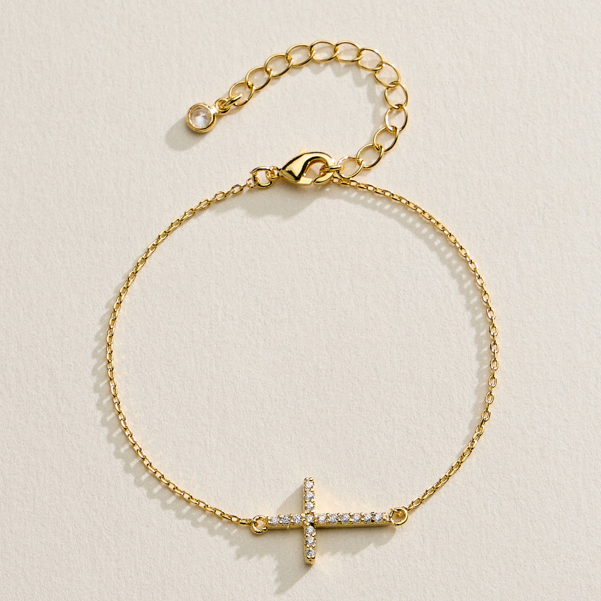 14K Gold Plated Pavé Cross Bracelet – Dainty Crystal Sideways Cross Chain Bracelet with Adjustable Extender
