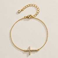 14K Gold Plated Pavé Cross Bracelet – Dainty Crystal Sideways Cross Chain Bracelet with Adjustable Extender