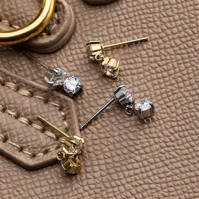 Stainless Steel Gold Round Drop Stud Earrings – Minimal CZ Dangle