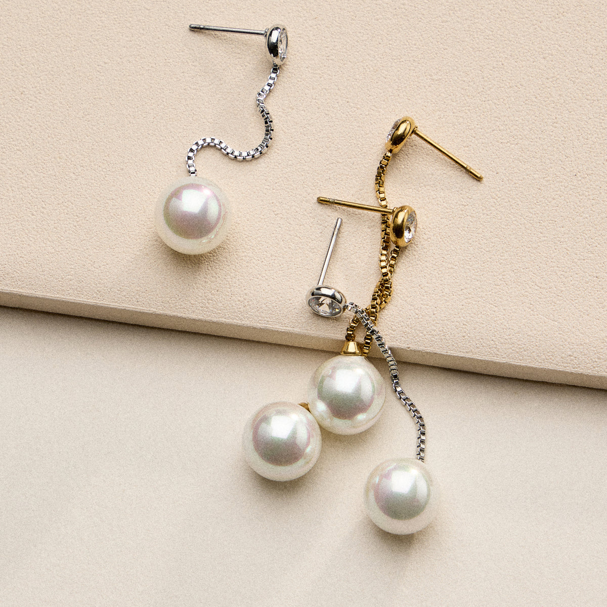 Stainless Steel CZ & Pearl Drop Stud Earrings – Minimal Chain Dangle