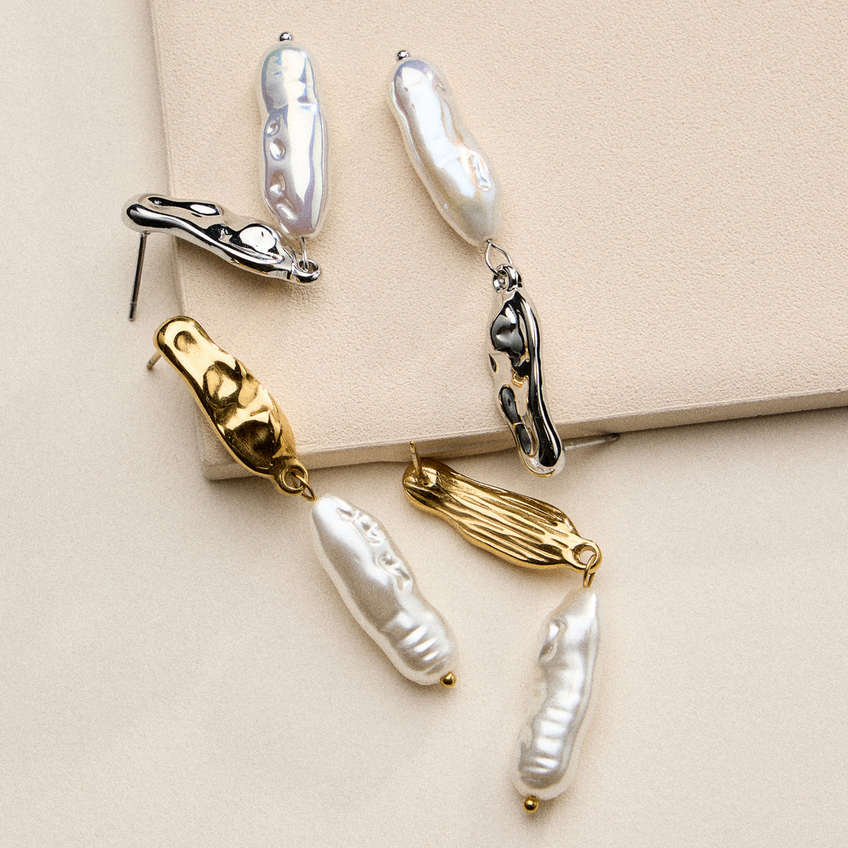 Stainless Steel Organic Pearl Drop Earrings – Sculptural Semi-Fine Style