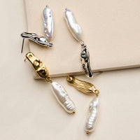 Stainless Steel Organic Pearl Drop Earrings – Sculptural Semi-Fine Style
