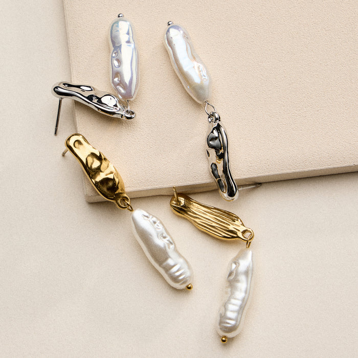Stainless Steel Organic Pearl Drop Earrings – Sculptural Semi-Fine Style
