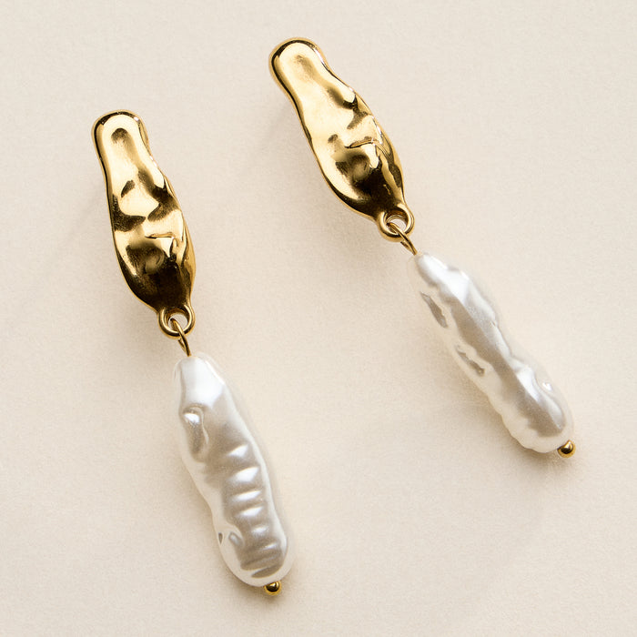 Stainless Steel Organic Pearl Drop Earrings – Sculptural Semi-Fine Style