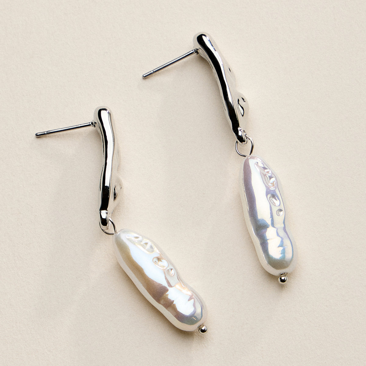 Stainless Steel Organic Pearl Drop Earrings – Sculptural Semi-Fine Style