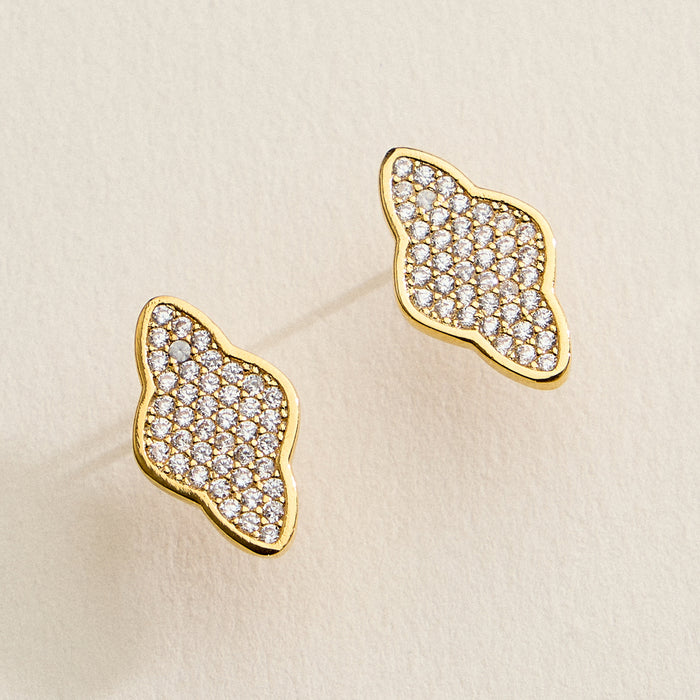 Gold Filled Pave Crystal Abstract Stud Earrings – Made in Korea Minimalist Sparkle Studs