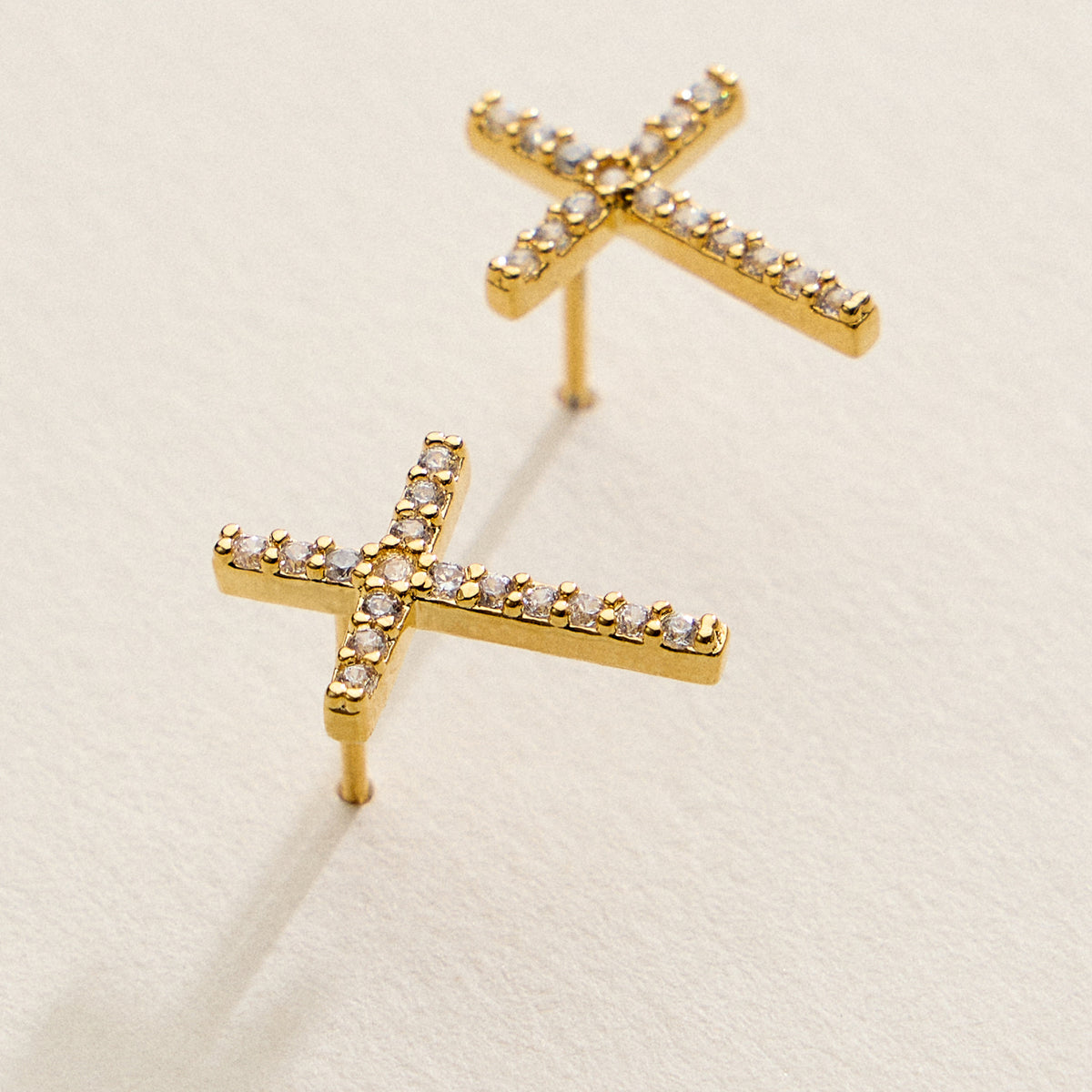 Gold Filled Pave Crystal Cross Stud Earrings – Made in Korea Dainty Religious Studs