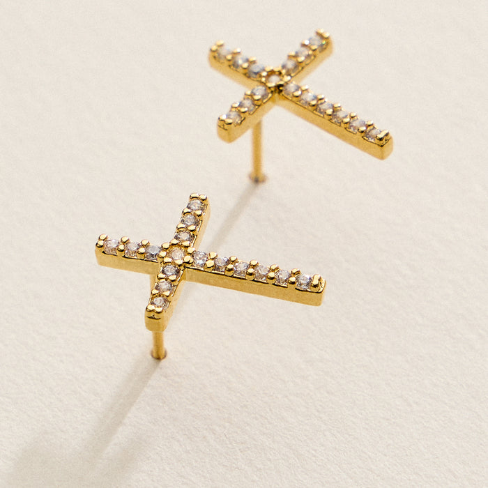 Gold Filled Pave Crystal Cross Stud Earrings – Made in Korea Dainty Religious Studs