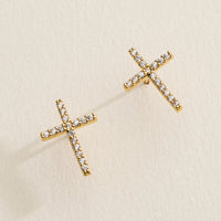 Gold Filled Pave Crystal Cross Stud Earrings – Made in Korea Dainty Religious Studs