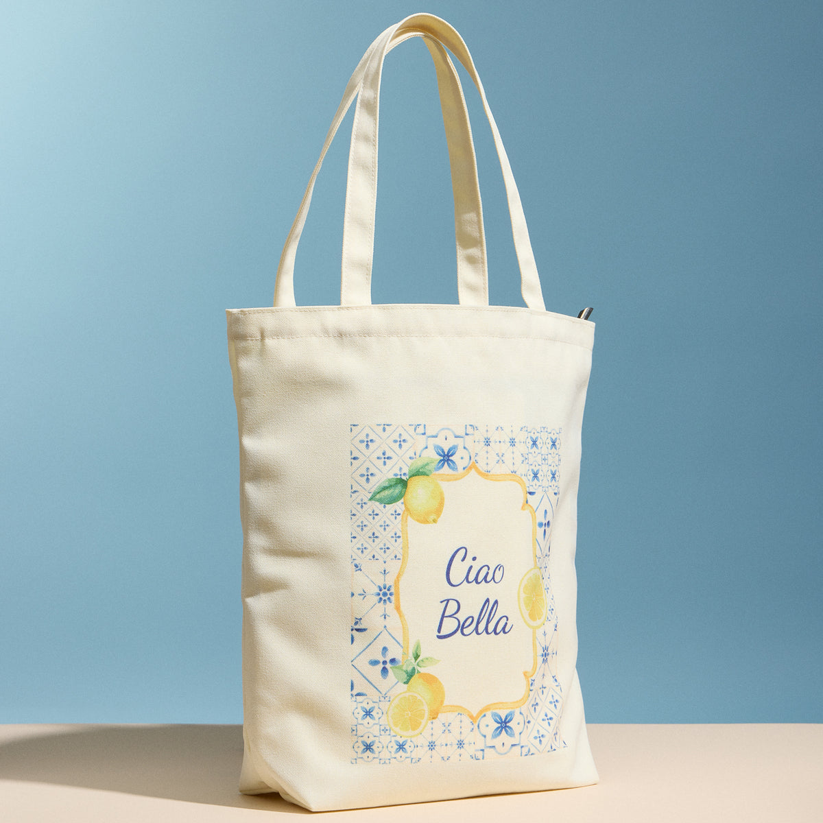 Ciao Bella Lemon Print Canvas Tote Bag with Zipper – Beach & Everyday Shopper Bag