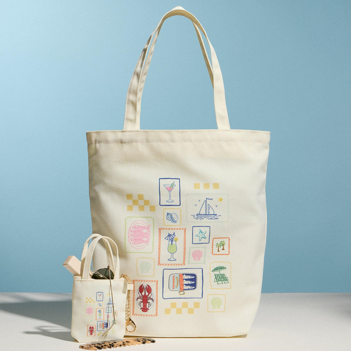 Cream Canvas Tote Bag with Coastal Stamp Print – Everyday Shoulder Shopping Bag