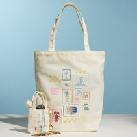 Cream Canvas Tote Bag with Coastal Stamp Print – Everyday Shoulder Shopping Bag